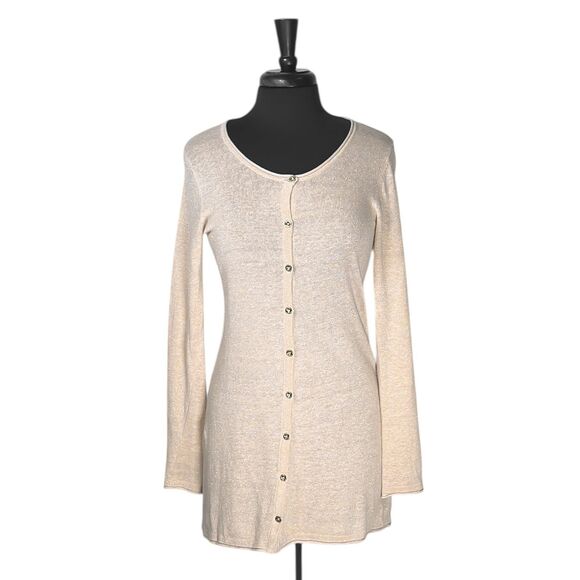 Lilly Pulitzer Jacey Cardigan Beige Gold Shimmer Linen Button Long Jacket Small - Picture 1 of 8